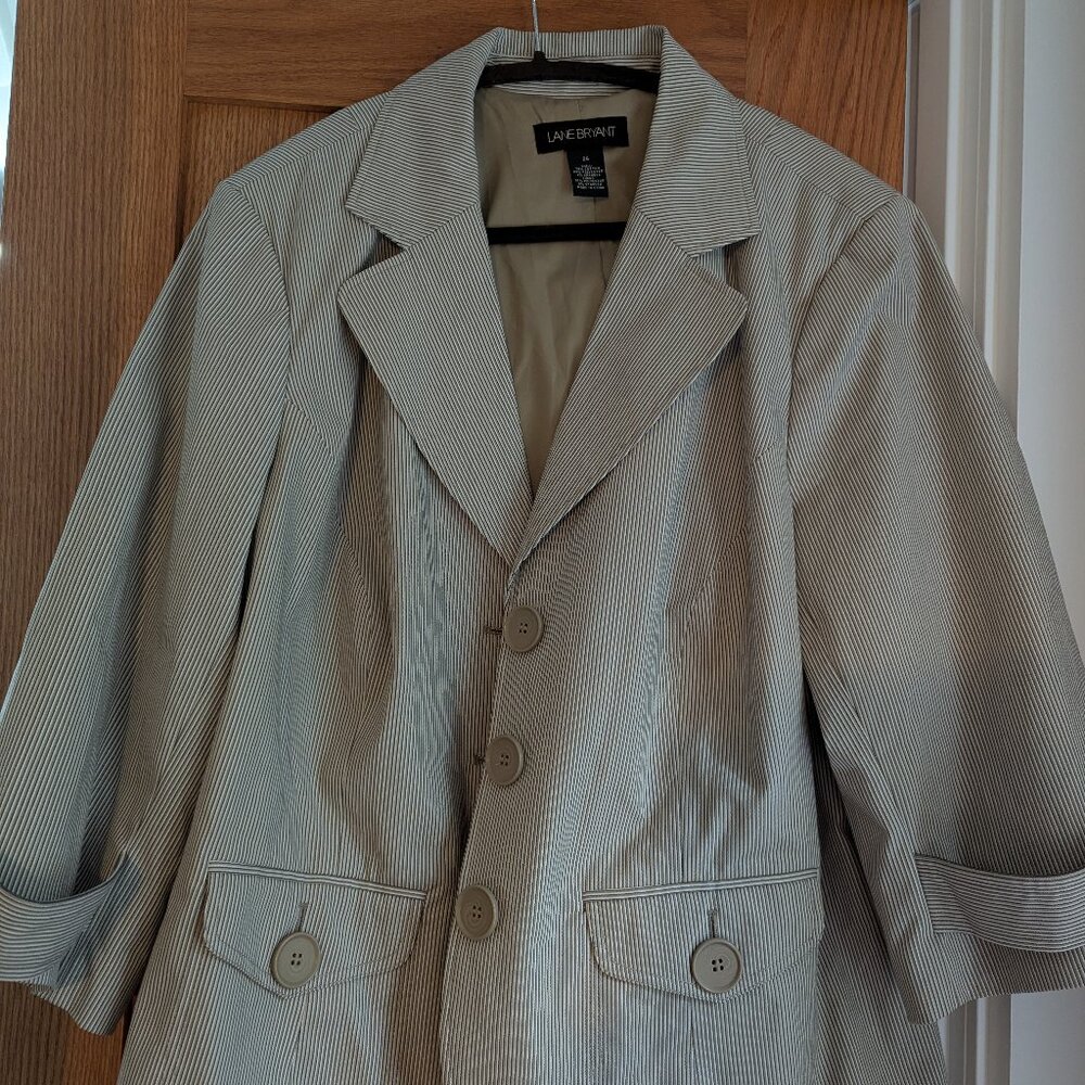 Lane Bryant Striped Twill 3/4 Sleeve Lined 3 Button Blazer Pockets Taupe size 24